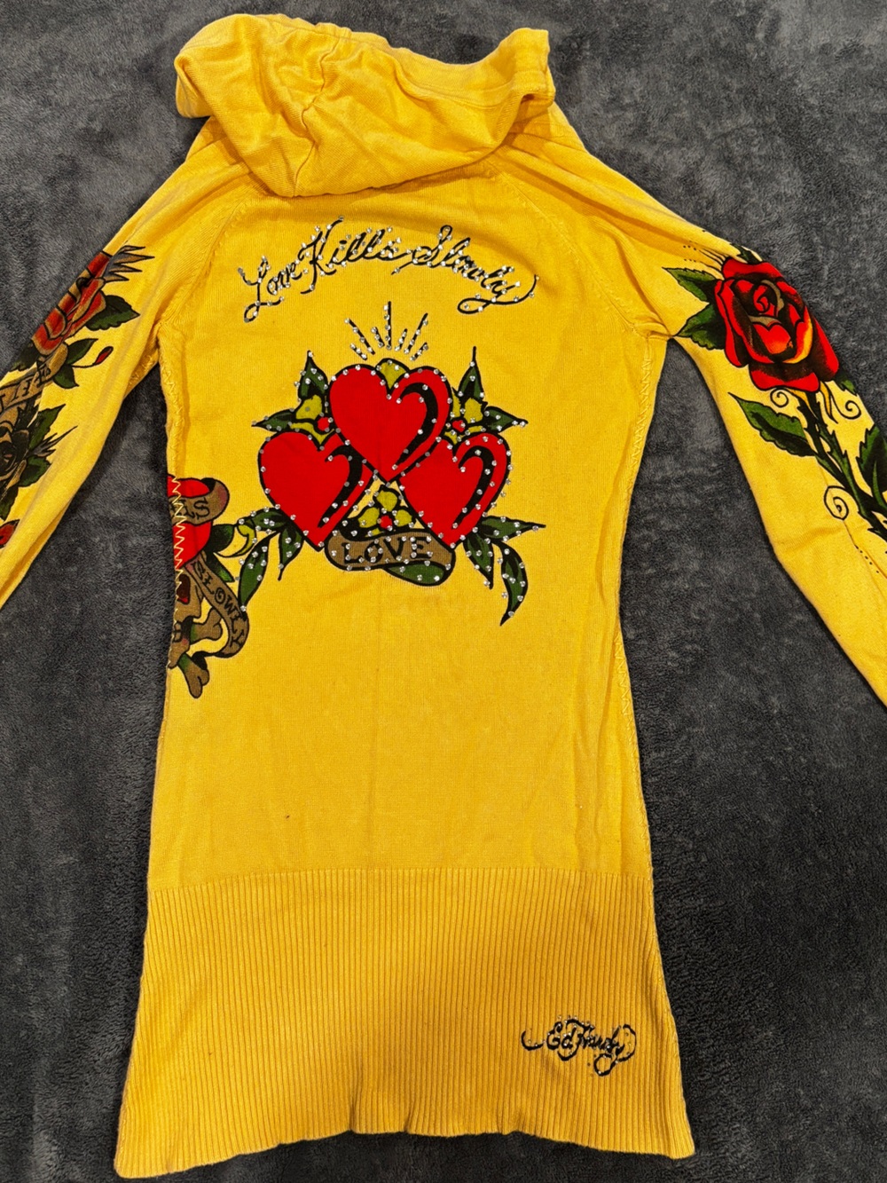 Ed Hardy Yellow Love Kills Slowly Rhinestone Rose Sweater Hoodie Y2K Vintage